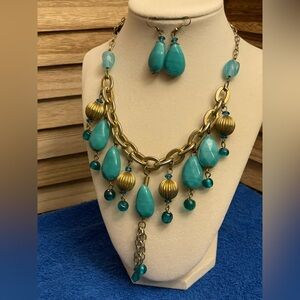 Gold and Turquoise Statement Necklace and Earring Set